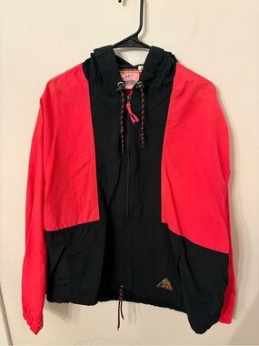 vintage 80s Equipment Black and Coral Colorblock Hooded Performance Jacket